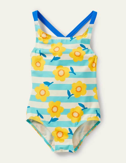 Cross-back Printed Swimsuit - Aqua Blue/ Ivory Daffodil