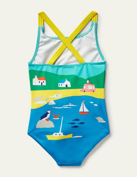 Cross-back Printed Swimsuit - Multi Coastal Scene