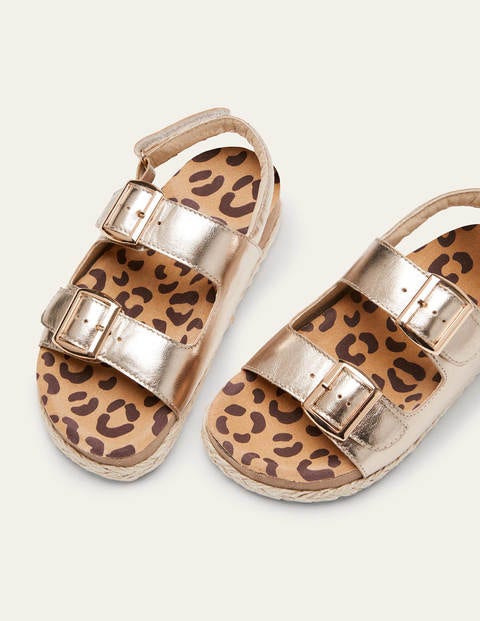 Sandales en cuir style espadrilles - Motif léopard métallisé doré