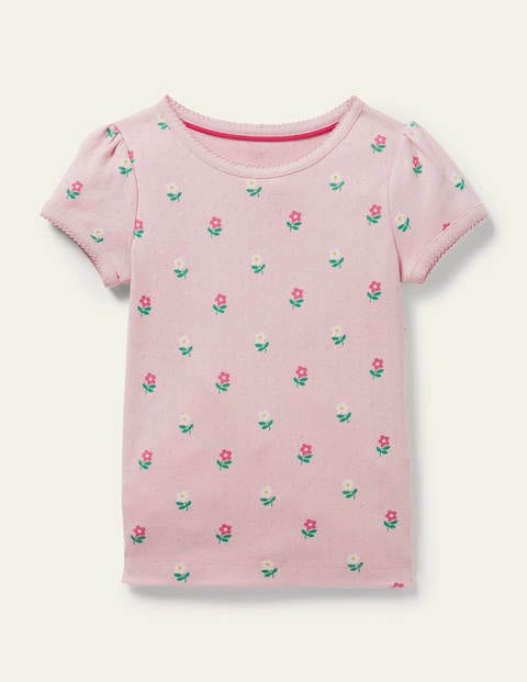 Short-Sleeved Pointelle Top - Boto Pink Little Flowers