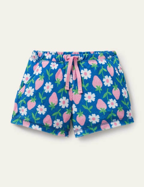 Blue Strawberry Print Towelling Shorts - Bright Marina Blue Strawberry