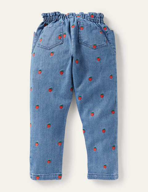 Strawberry Pull-on Denim Pants - Strawberry Embroidery