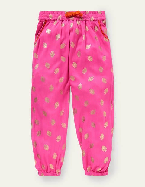 Relaxed Woven Printed Trousers - Pop Pansy Pink Foil Strawberry
