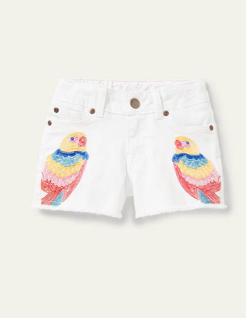 Denim-Shorts - Weiß, Papagei/Stickerei
