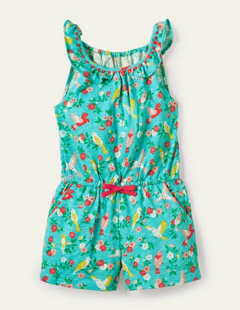 Charlie Pom Jersey Playsuit - Turquoise Tropical Garden