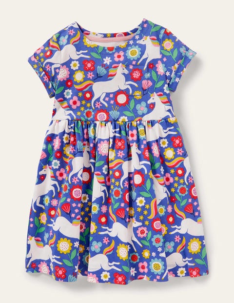 Fröhliches Jerseykleid mit kurzen Ärmeln - Glockenblumenblau, Großes Einhorn-/Blumenmuster