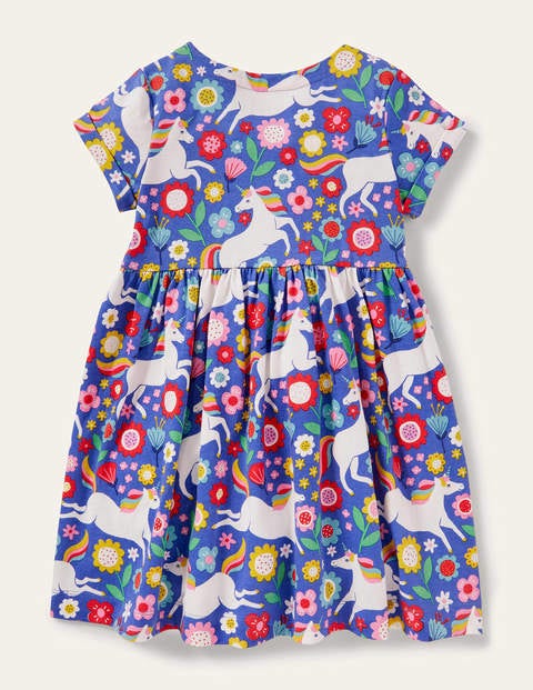 Fröhliches Jerseykleid mit kurzen Ärmeln - Glockenblumenblau, Großes Einhorn-/Blumenmuster