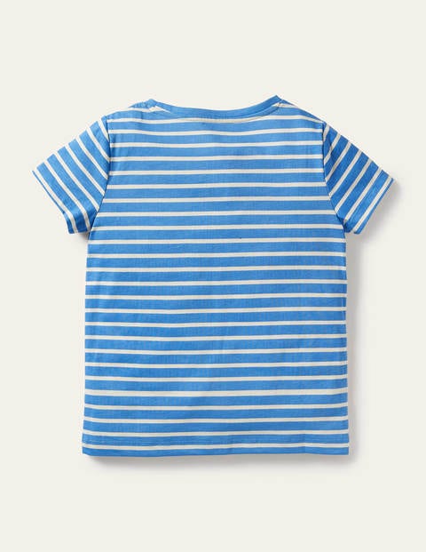 Gestreiftes T-Shirt mit Motiv - Helles Glockenblumenblau/Naturweiß, Küken