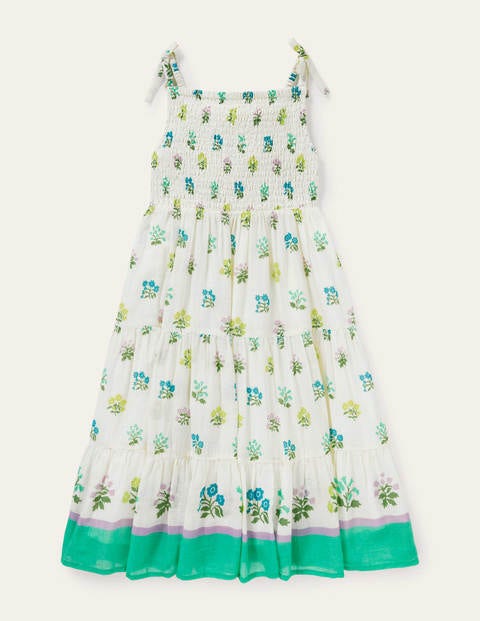 Tiered Sun Dress - Ivory/ Blue Woodblock