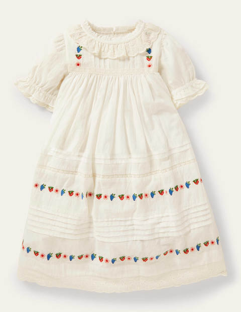 White Strawberry Embroidered Smock Dress - Ivory