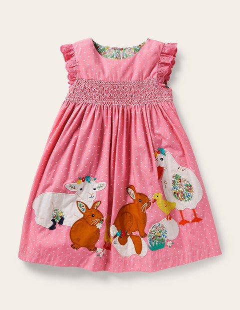 Smocked Appliqué Dress - Formica Pink Spot Animals