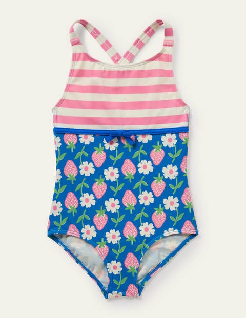 Hotchpotch Cross-back Swimsuit - Bright Blue Strawberry Stamp