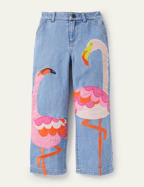 Jeans mit Applikation - Mittleres Vintageblau, Flamingo