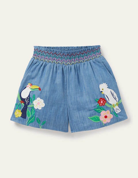Shirred Embroidered Shorts