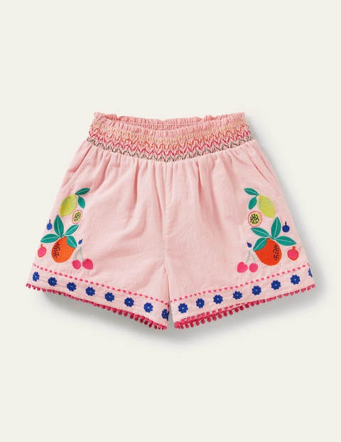Geraffte Shorts mit Stickerei - Delfinrosa, Früchte