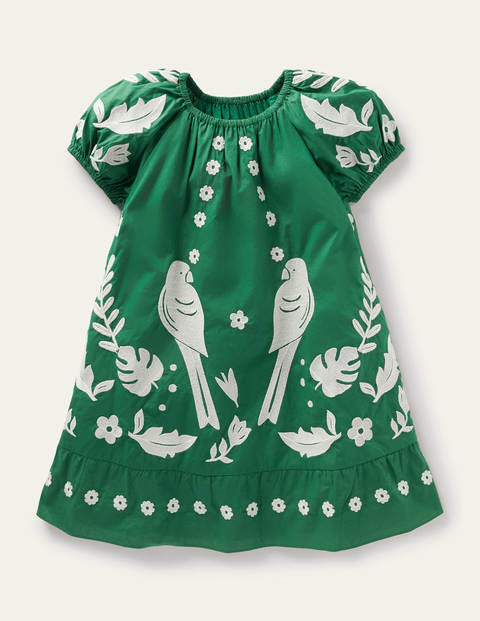 Kleid mit Puffärmeln und Stickerei - Paprikagrün, Vögel