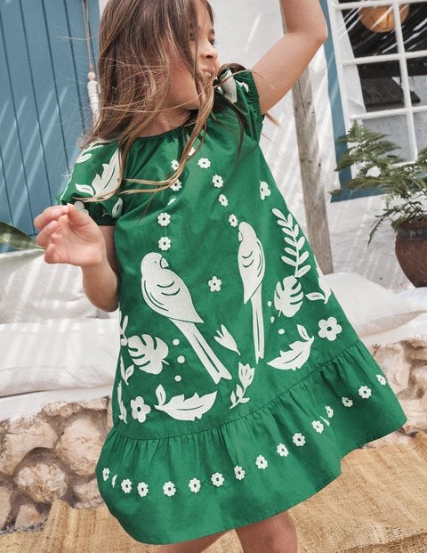 Puff Sleeve Embroidered Dress - Green Pepper Birds