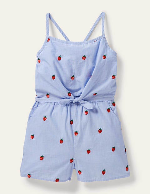 Blue Strawberry Print Woven Playsuit - Chambray Embroidered
