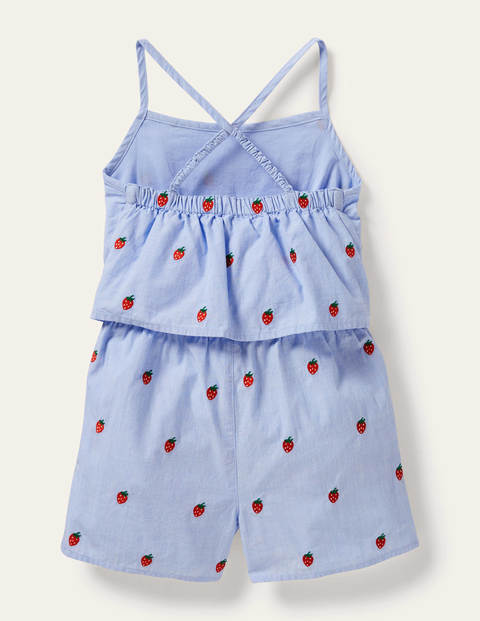 Blue Strawberry Print Woven Romper - Chambray Embroidered
