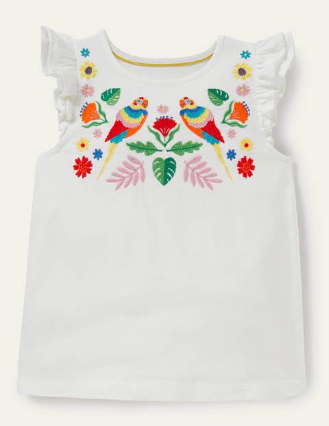 Rüschen-T-Shirt mit interessantem Motiv - Naturweiß, Blumenmuster/Papagei