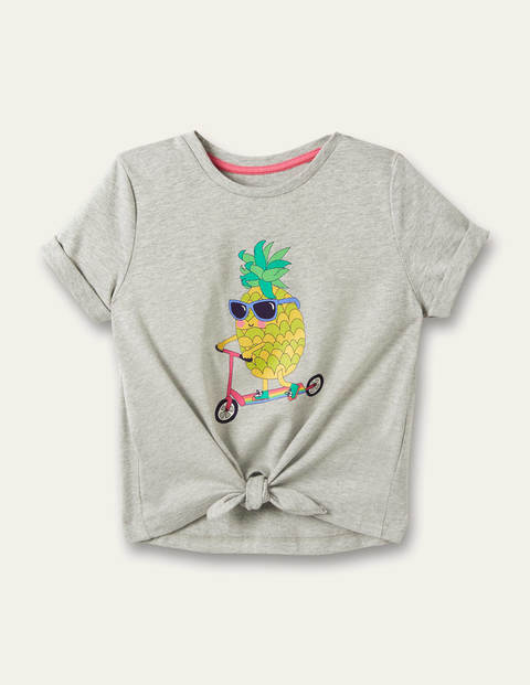 Motiv-T-Shirt mit Knotendetail - Grau Meliert, Ananas