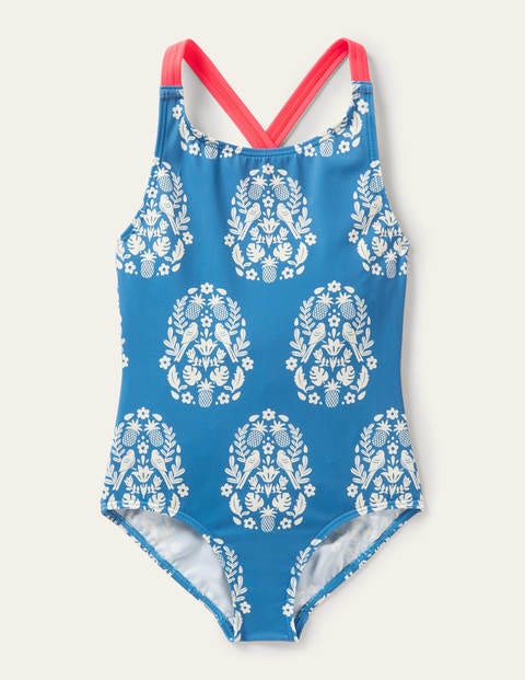 Cross-back Printed Swimsuit - Marine Blue Tropical Woodblock