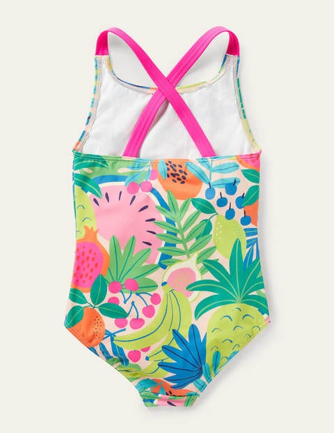Cross-back Printed Swimsuit - Multi Tropical Fruit