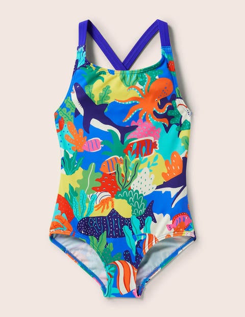 Cross-back Printed Swimsuit - Multi Rainbow Reef