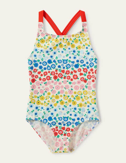 Cross-back Printed Swimsuit - Multi Floral Stripe