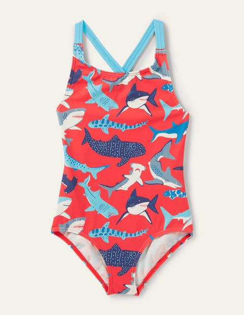 Cross-back Printed Swimsuit - Soft Red Sharks