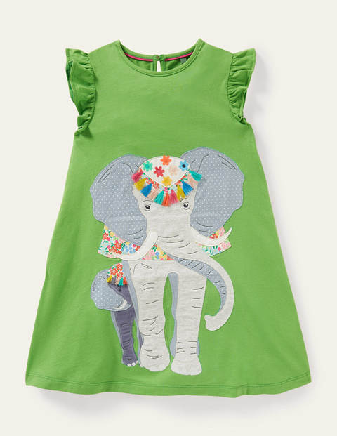 Frill Sleeve Appliqué Dress - Greenfinch Elephant