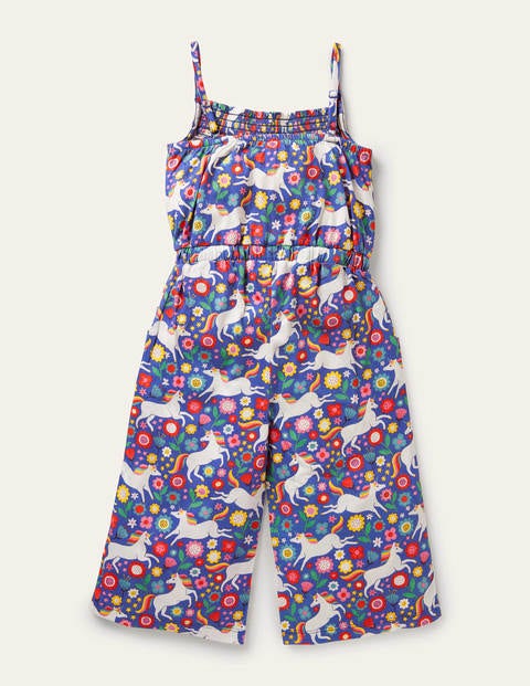 Jersey-Jumpsuit mit weitem Bein - Glockenblumenblau, Kleines Einhorn-/Blumenmuster