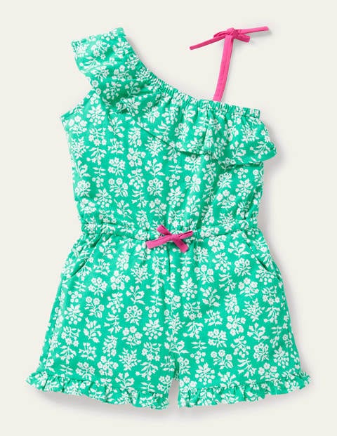 Jersey One Shoulder Playsuit - Tropical Green Woodblock