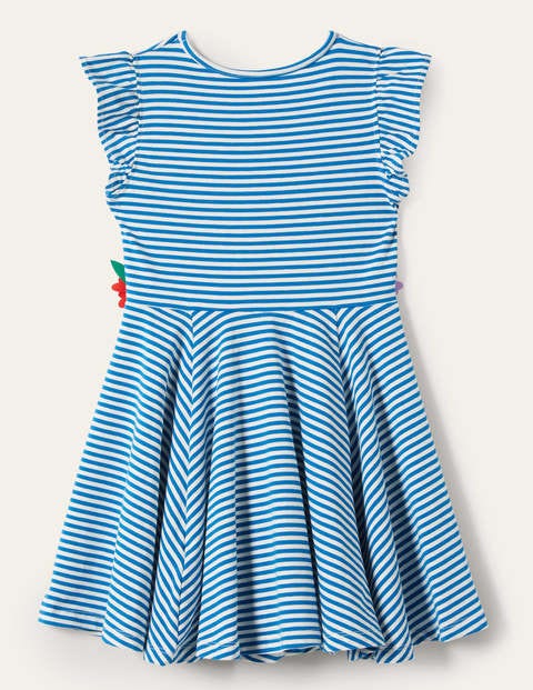 Ausgestelltes Kleid mit gerüschten Ärmeln - Strahlendes Marineblau/Naturweiß