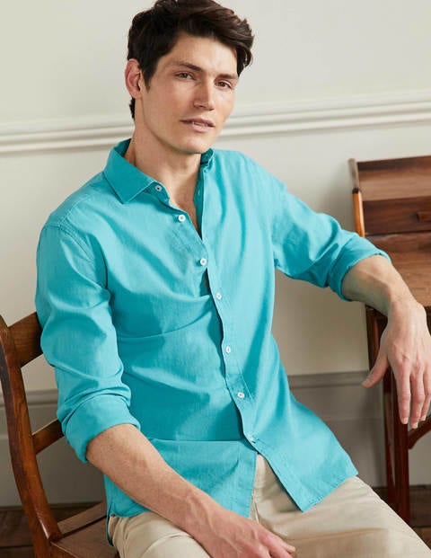 Chemise en lin avec col italien - Bleu turquoise