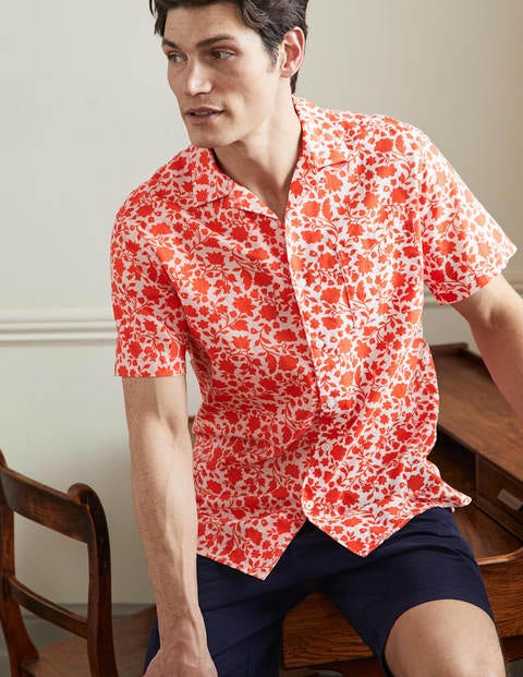 Chemise avec col à revers en lin et coton - Motif floral rouge pêle-mêle