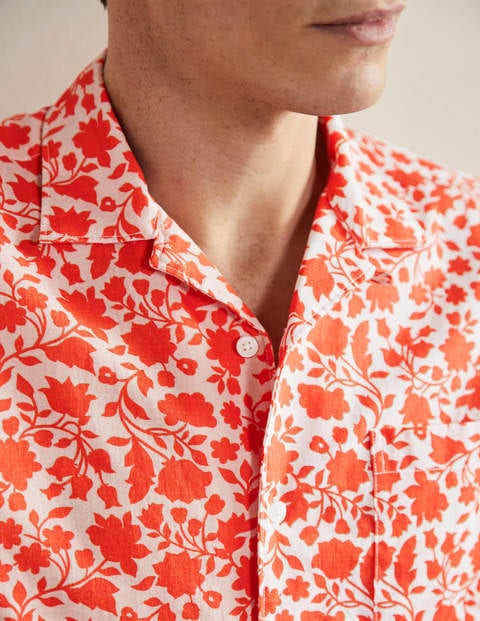 Chemise avec col à revers en lin et coton - Motif floral rouge pêle-mêle
