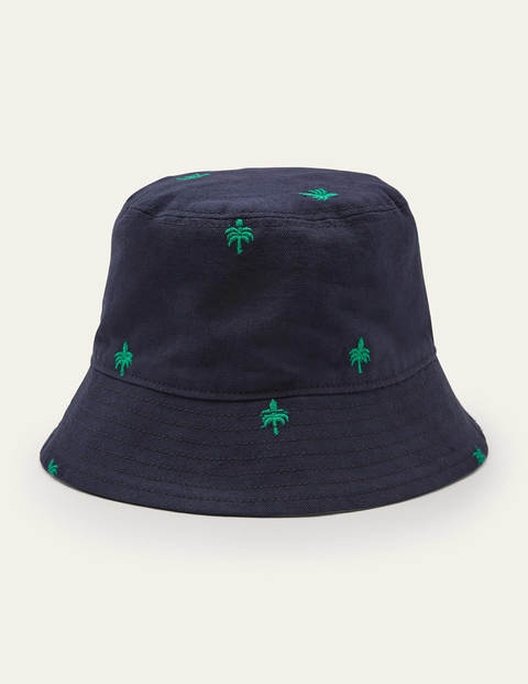 Reversible Bucket Hat - Navy Embroidered Palm Tree
