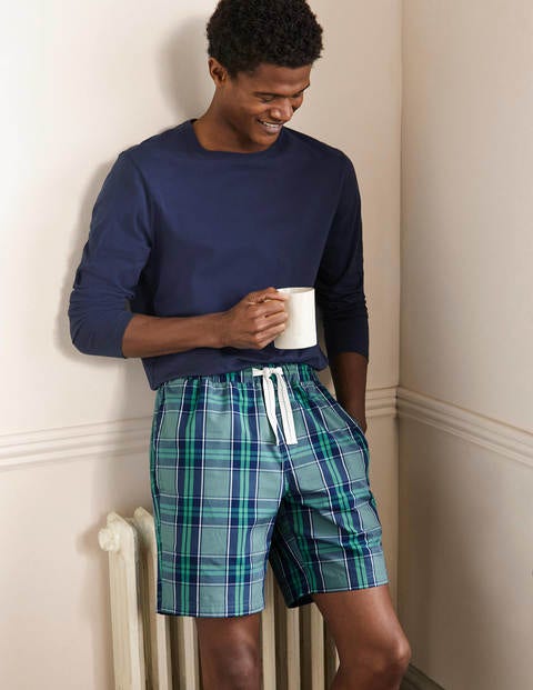Cotton Poplin Pajama Shorts - Storm Blue/Green Check Cotton Poplin Pajama Shorts - Storm Blue/Green Check
