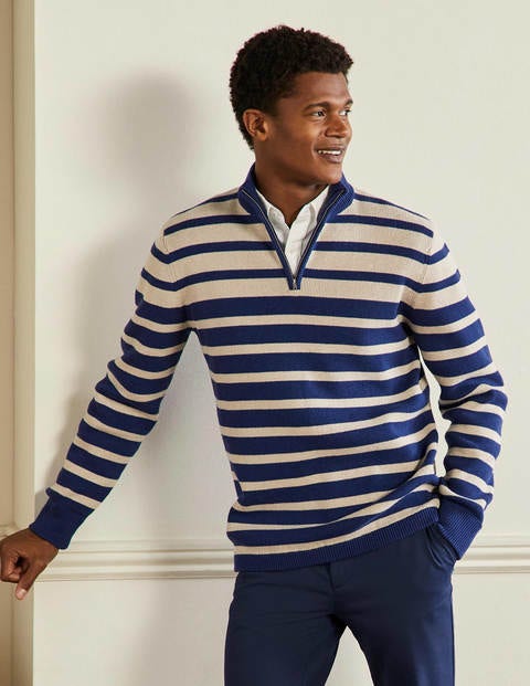 Stripy Half-Zip Sweater - Lapis / Oatmeal stripe