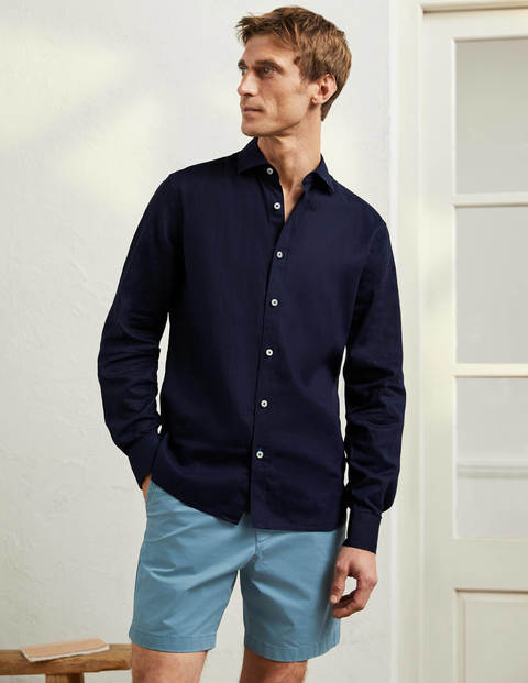 Chemise en lin avec col italien - Bleu marine