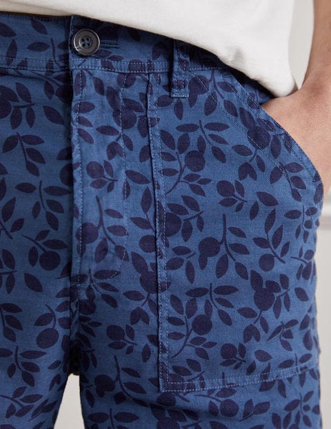 Schlichte Shorts aus Leinenmischgewebe - Blaugrau, Blattmuster