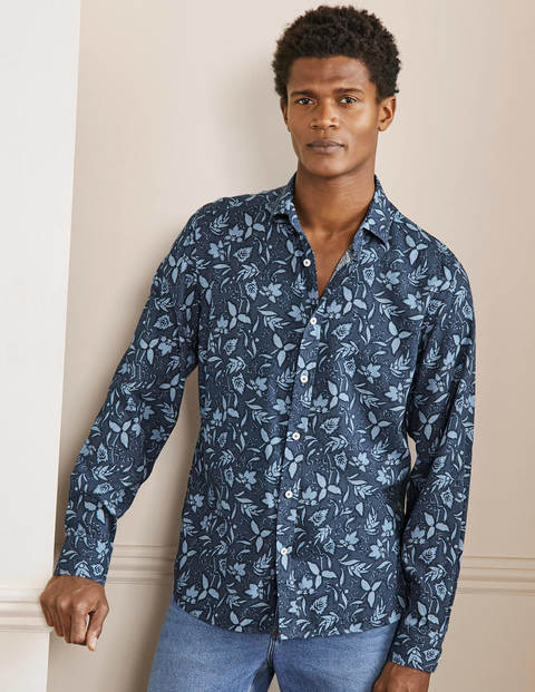 Cutaway Collar Linen Shirt - Ensign Blue Tropical Floral