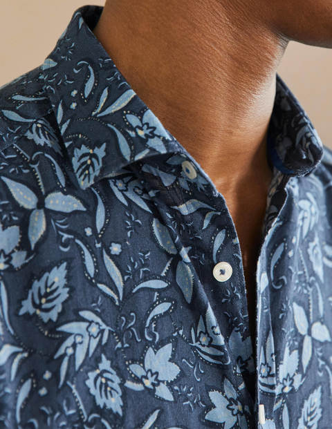 Chemise en lin avec col italien - Pavillon à motif floral tropical bleu