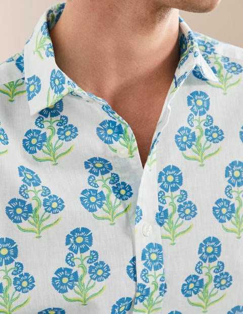 Cutaway Collar Linen Shirt - Molly Mahon Flower Woodblock