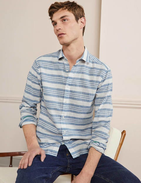 Cutaway Collar Linen Shirt - Regal Blue/Ivory