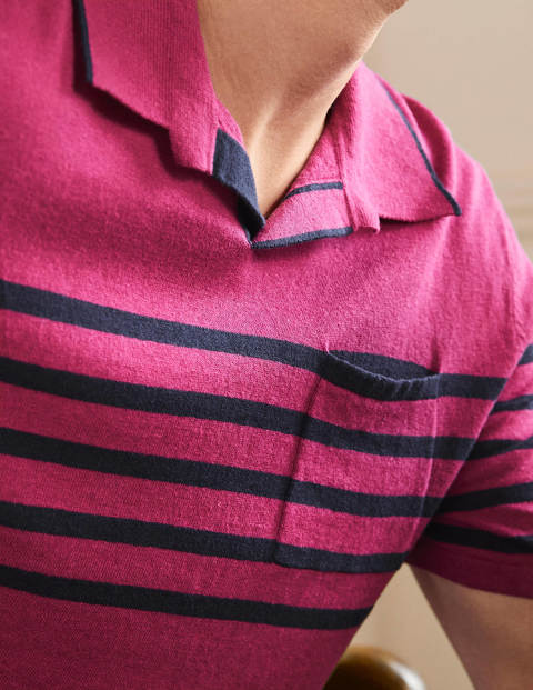 Poloshirt aus Leinenmischgewebe mit offenem Kragen - Altrosa, Streifen auf Brusthöhe