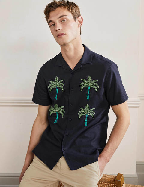 Revere Linen Cotton shirt - Navy Embroidered Palm Tree