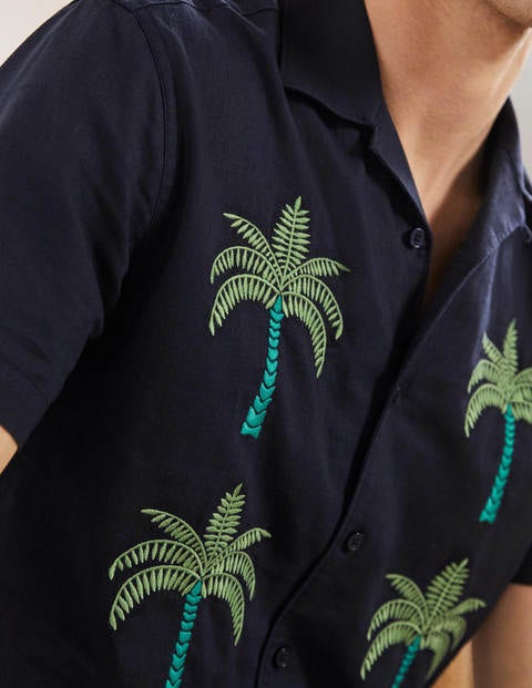 Chemise avec col à revers en lin et coton - Palmier brodé bleu marine