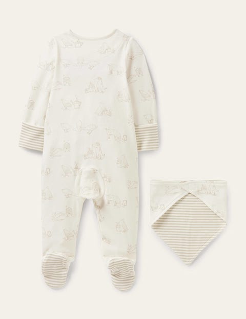 Newborn Sleepsuit & Bib Set - Ivory Farmyard